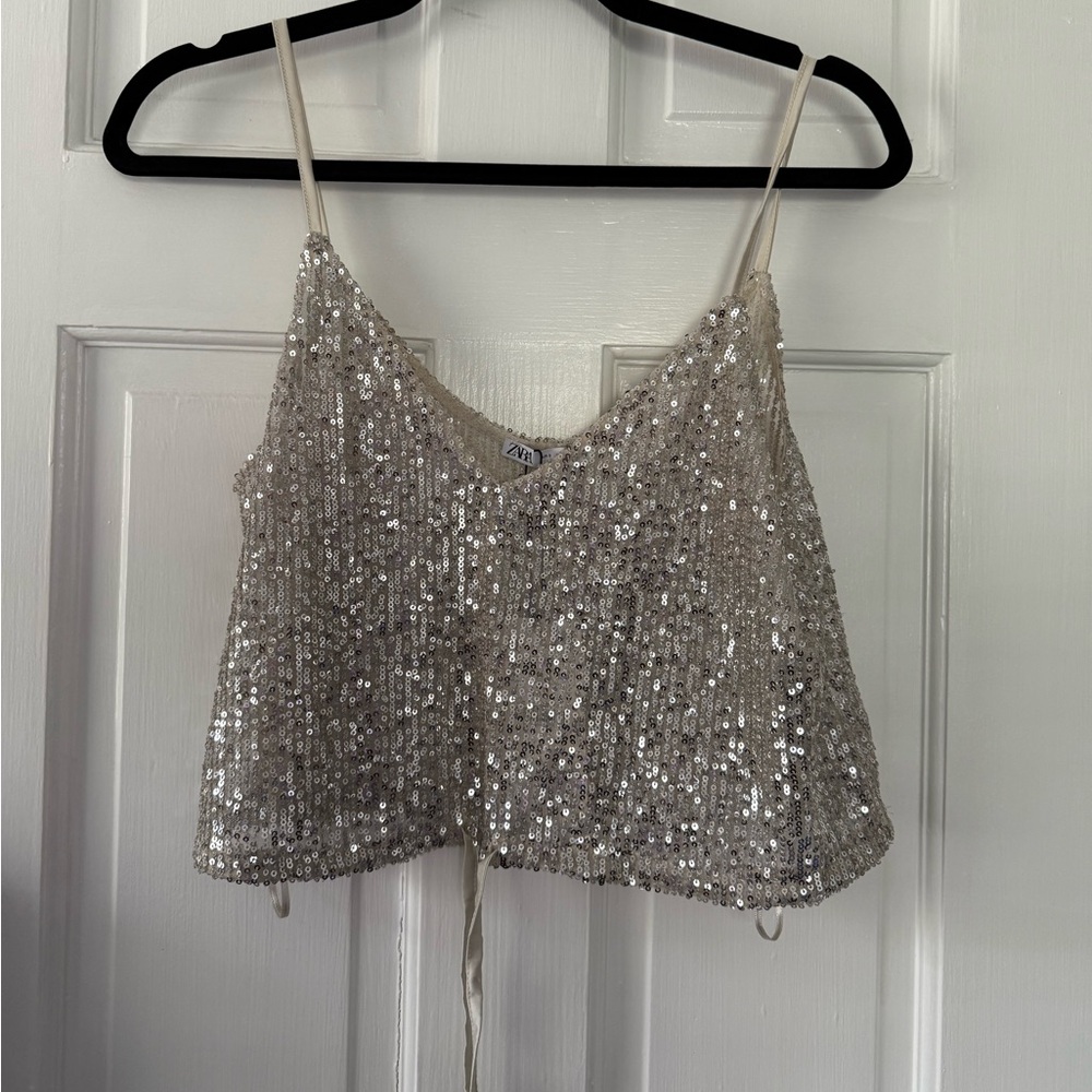 Zara Women’s Sequin Sparkle Drawstring Crop Top